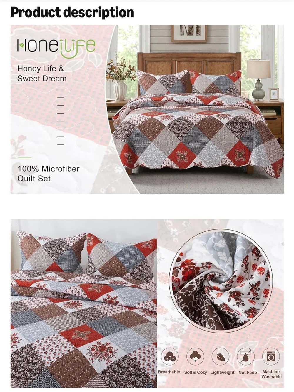 Honeylove Quilted Patchwork Bedspread in Rust, Brown & Gray
